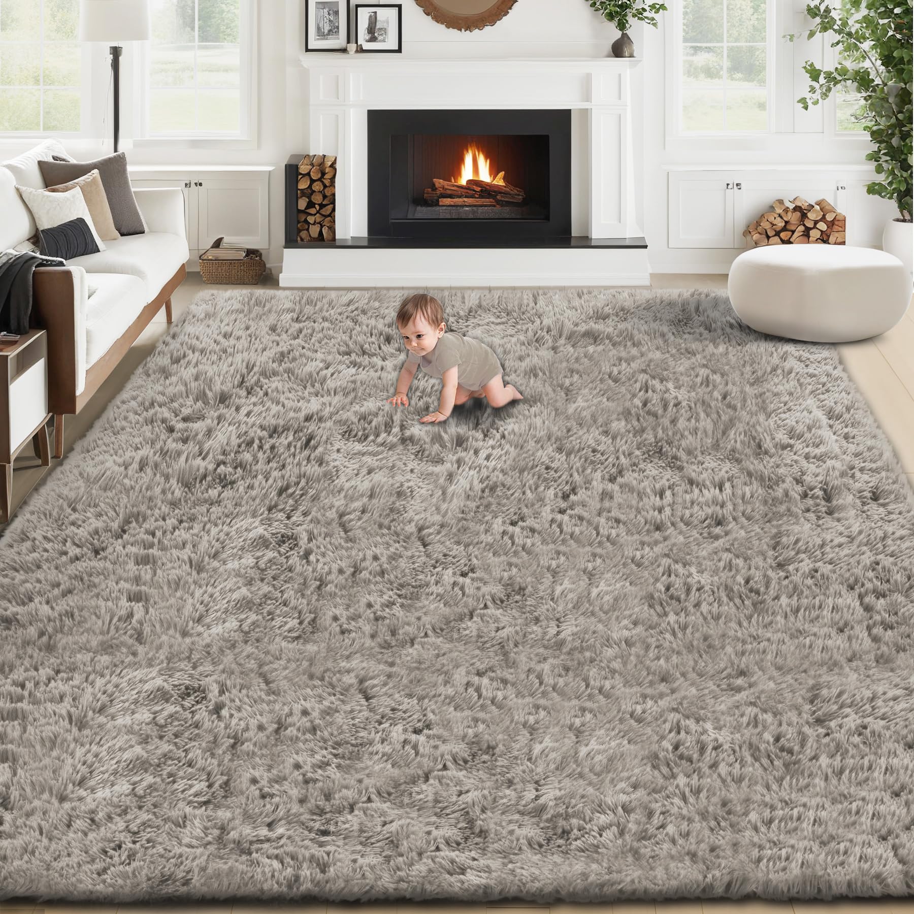 8x10 Area Rugs for Living Room: Fluffy Shag Soft Washable Rug Large Fuzzy Plush Indoor Carpet for Bedroom Nursery Playroom Kids Girls Boys Room (Grey Camel, 8'x10')