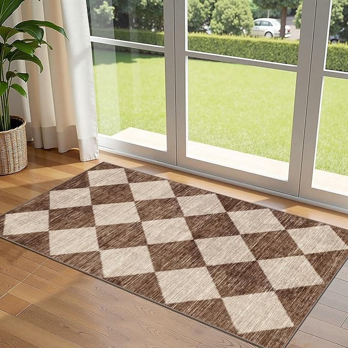Othilic Front Door Mat Indoor Entrance - 2x4.3 Ft Brown Beige Diamond Rug