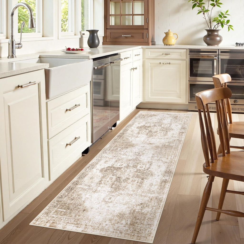 VECARF Runner Rug 2x6 Washable Rug, Vintage Boho Medallion Hallway Runner Non-Slip Soft Low Pile Distressed Floor Carpet Retro Doormat for Kitchen Bedroom Laundry Entryway Bathroom (Brown, 2'x6')