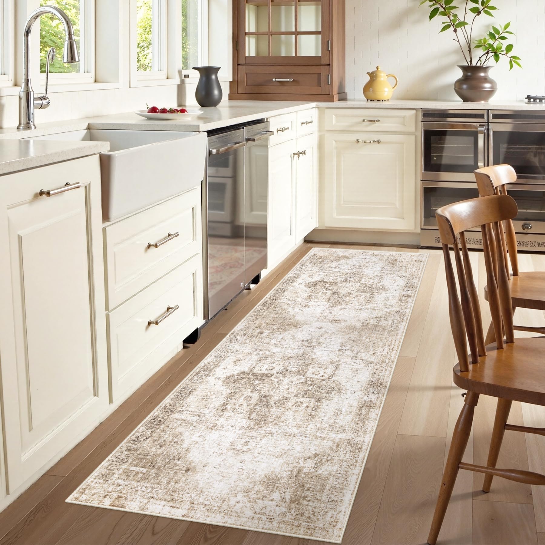 VECARF Runner Rug 2x6 Washable Rug, Vintage Boho Medallion Hallway Runner Non-Slip Soft Low Pile Distressed Floor Carpet Retro Doormat for Kitchen Bedroom Laundry Entryway Bathroom (Brown, 2'x6')