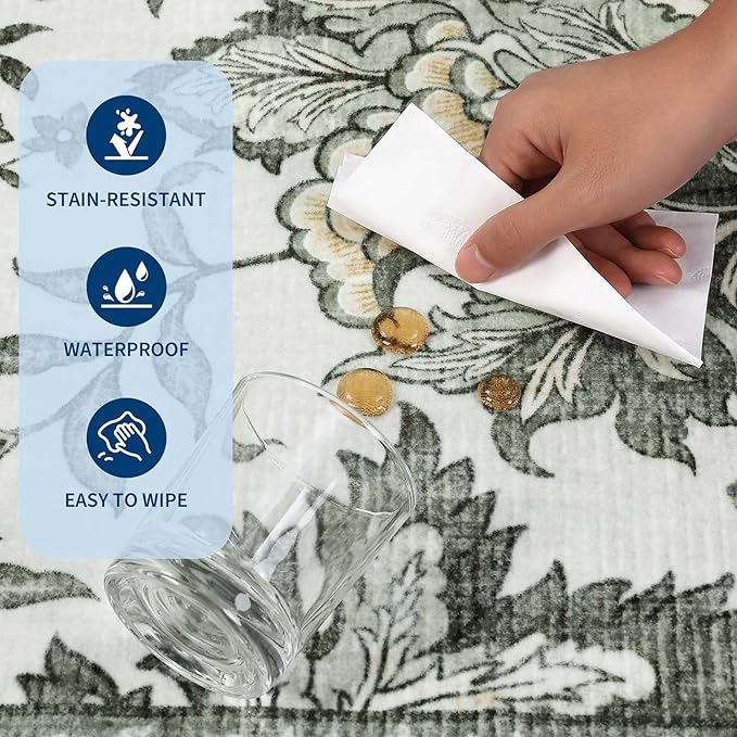 GarveeHome Provence 10x13 Area Rug for Living Room, Botanical Grove Soft Cottagecore Washable Rug for Bedroom Dining Nursery Low-Pile Vintage Large Carpet Gray Fog Green