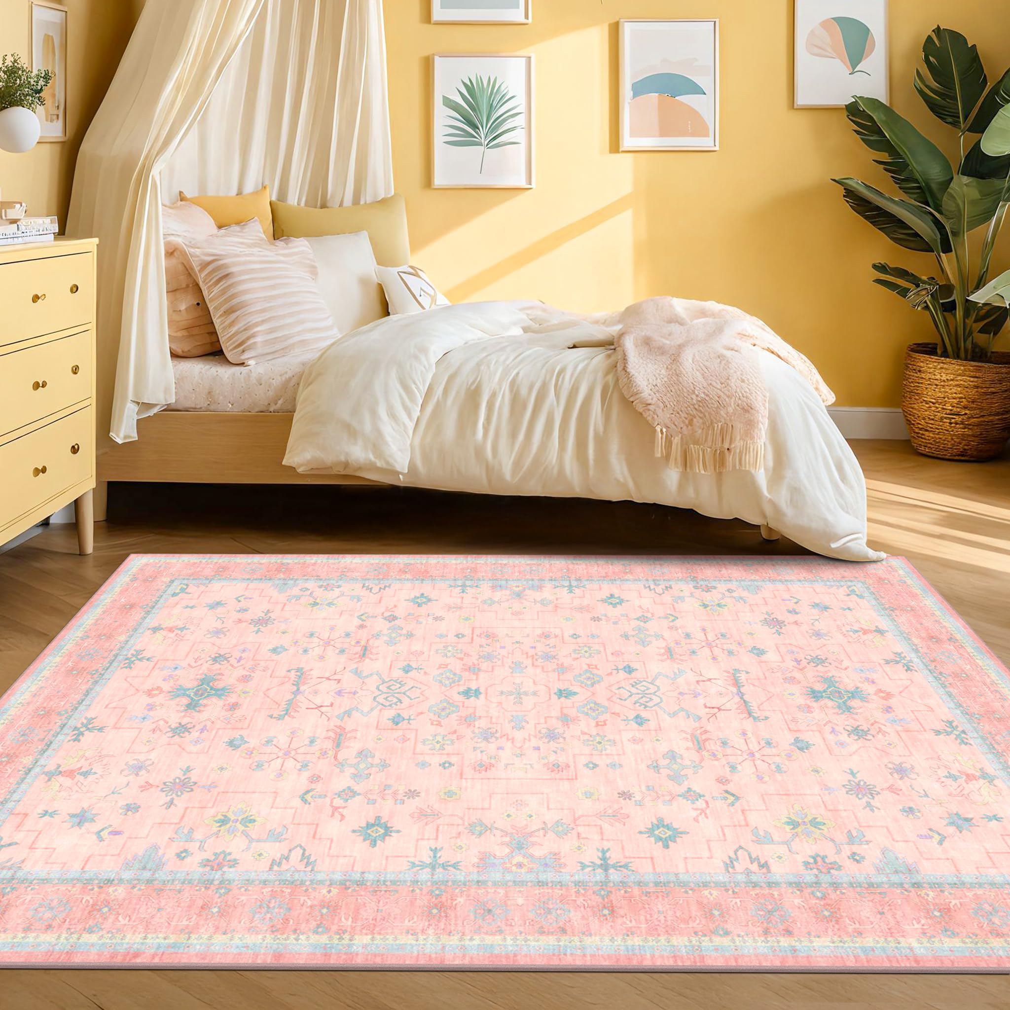Pink Rugs for Bedroom Girls, 5x7 Washable Area Rug for Living Room Nursery Kids Baby Playroom Indoor Decor, Oushak Floral Vintage Low Pile Boho Non Slip Foldable Carpet