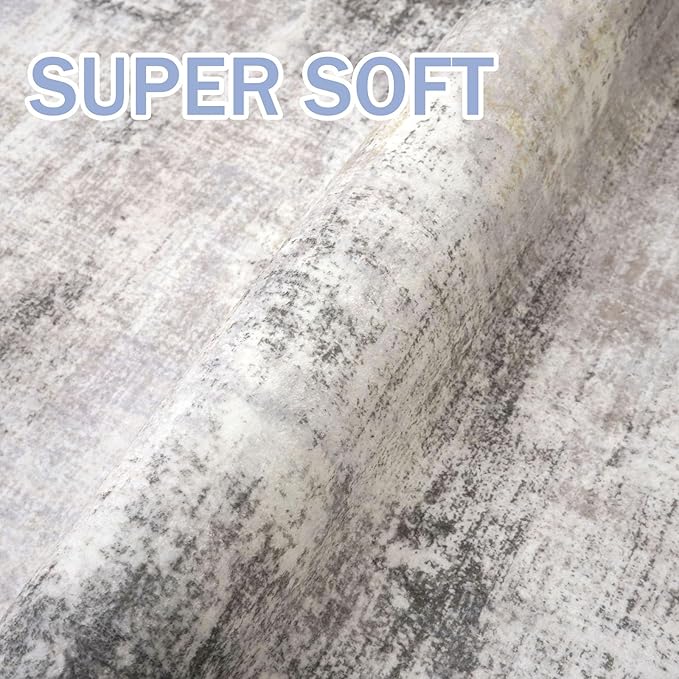 IOHOUZE Abstract Round Area Rug 6 Ft Washable Circle Rugs Large Round Rug Non Slip Thin Soft Circle Rugs, Printed Faux Wool Floor Carpet for Bedroom Living Room Dining Room Nursery, Grey Beige