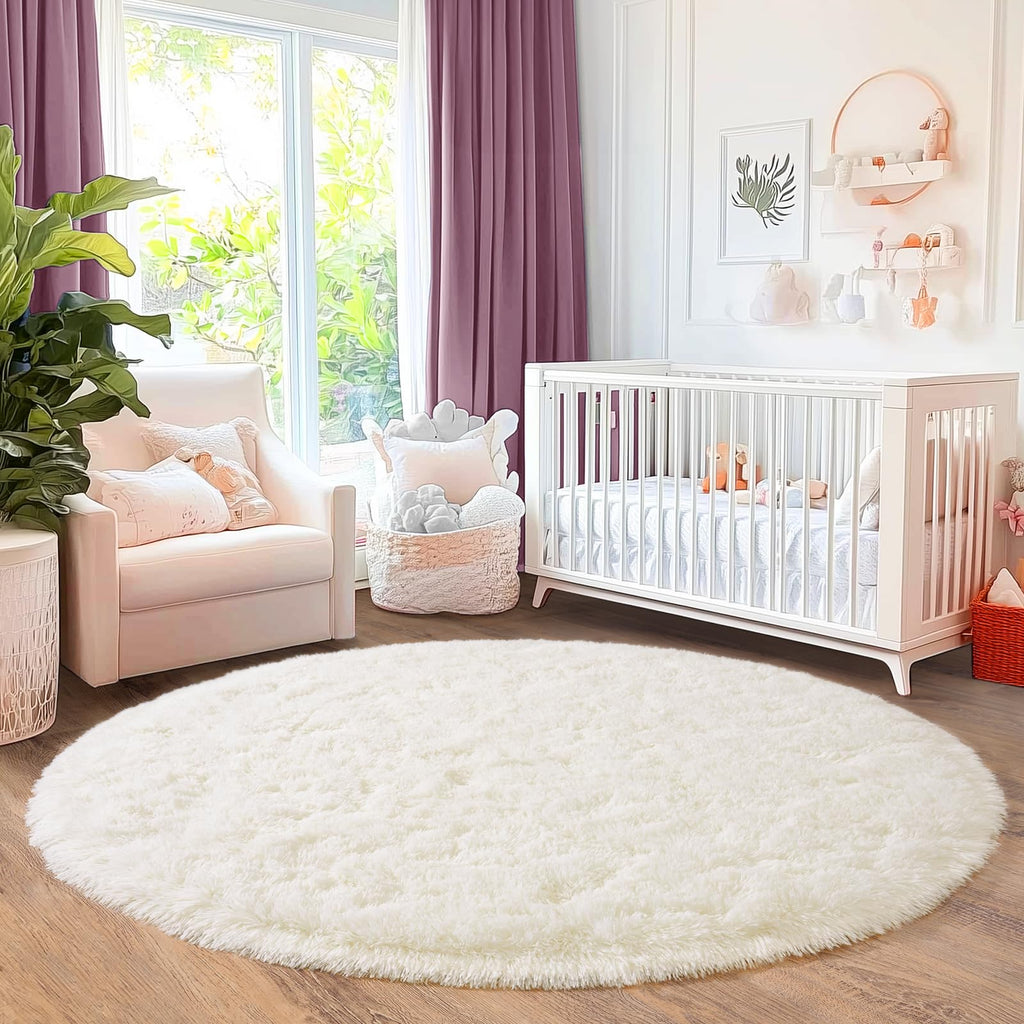 Quntue 5'x5' Cream Round Rugs for Girls Bedroom, Ultra Soft Fluffy Circle Rug for Kids Room, Cute Shag Rugs for Living Room Playroom Tent Castle Home Decor Rug