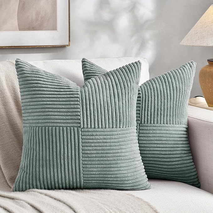 Fancy Homi 2 Packs Grey Blue Samll Decorative Throw Pillow Covers 12x12 Inch with for Couch Bed Sofa, Rustic Farmhouse Boho Home Decor, Soft Corss Patchwork Corduroy Square Cushion Case 30x30 cm