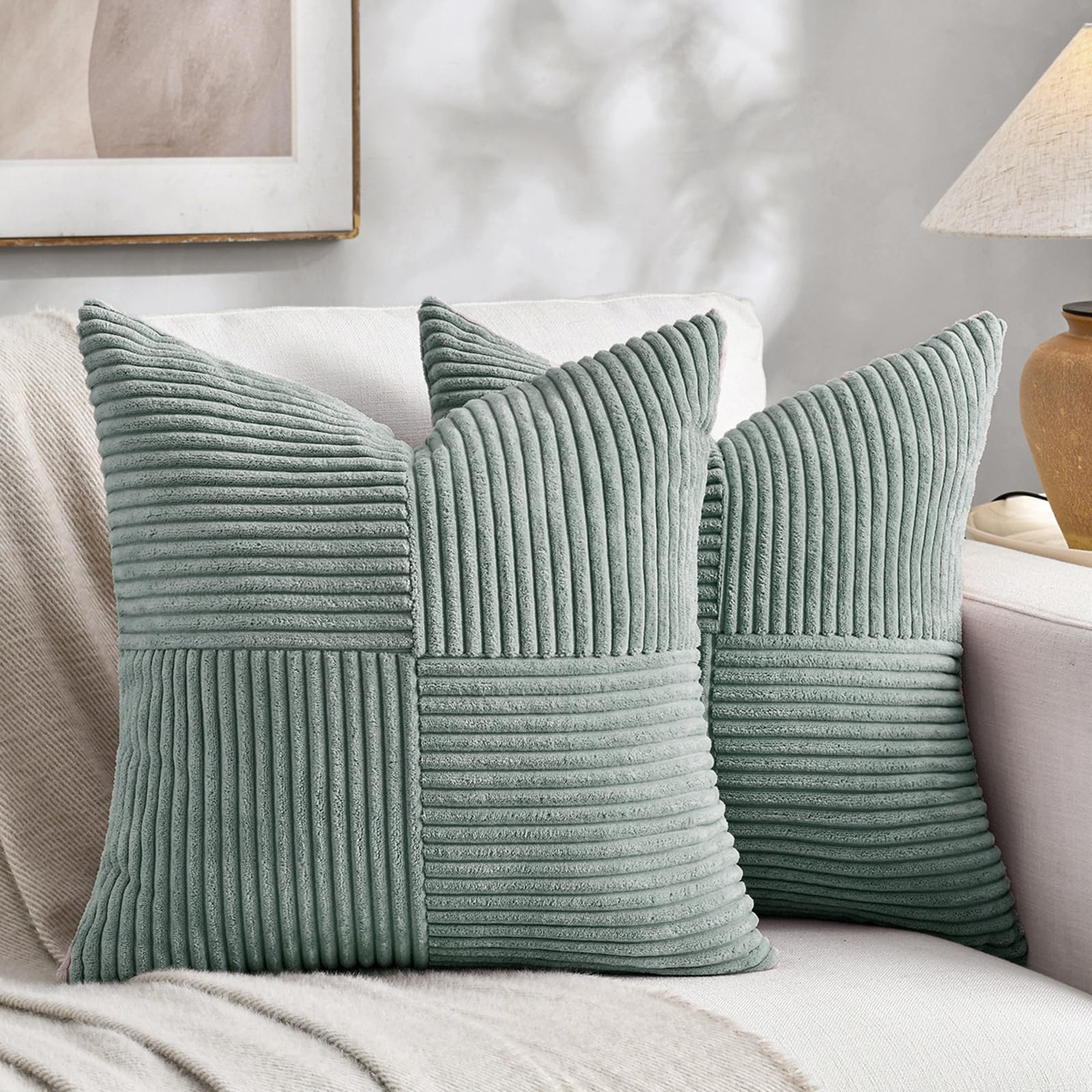 Fancy Homi 2 Packs Grey Blue Decorative Throw Pillow Covers 18x18 Inch for Couch Bed Sofa, Rustic Boho Farmhouse Home Decor, Soft Corss Corduroy Patchwork Textured Square Cushion Case 45x45 cm