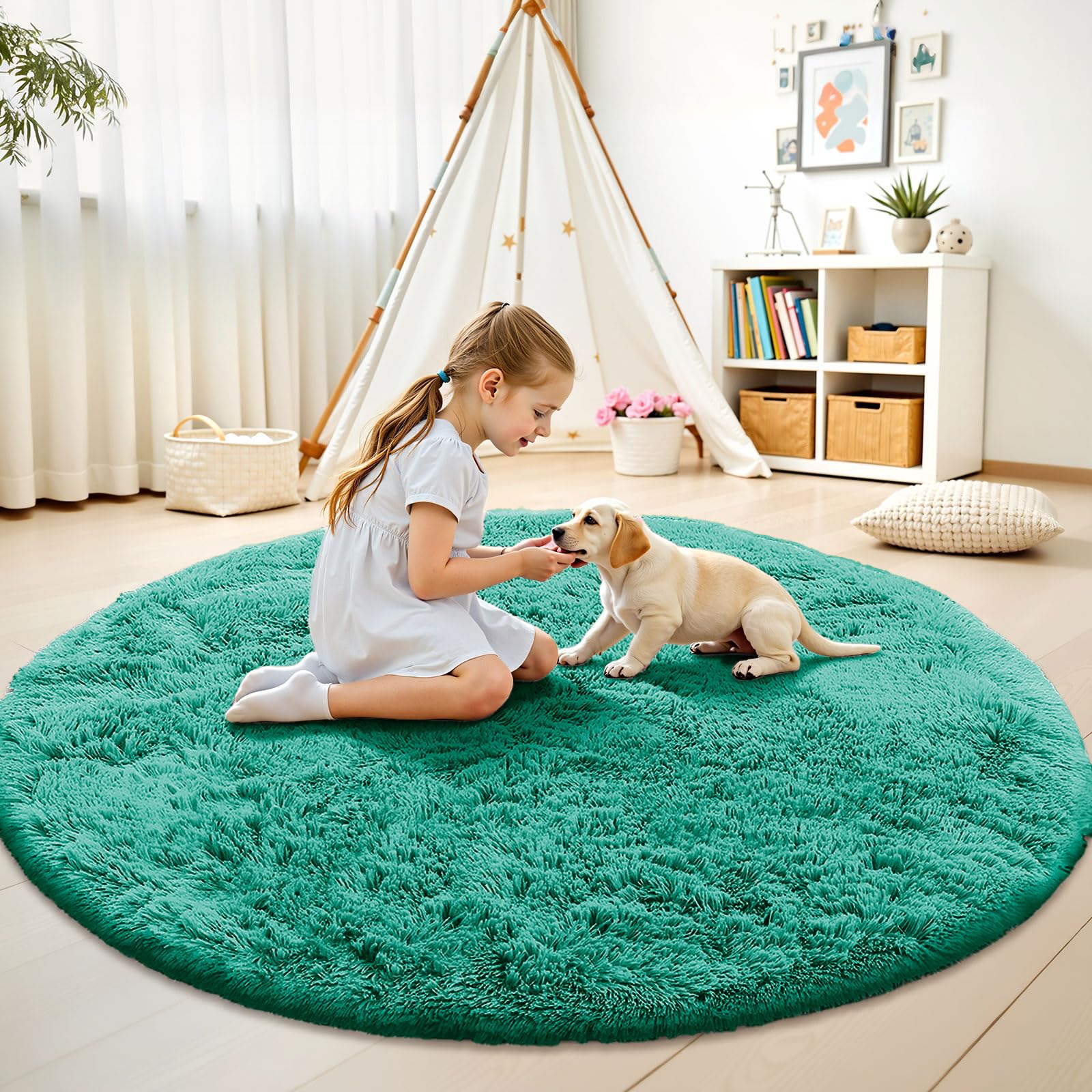 OLANLY Teal Green Round Rugs for Bedroom - Machine Washable, 4 ft Circle Area Rugs for Living Room, Soft and Fluffy Shaggy Carpet for Teen Girl and Boys, Nursery Rooms, Dorms, Home Decor Aesthetic
