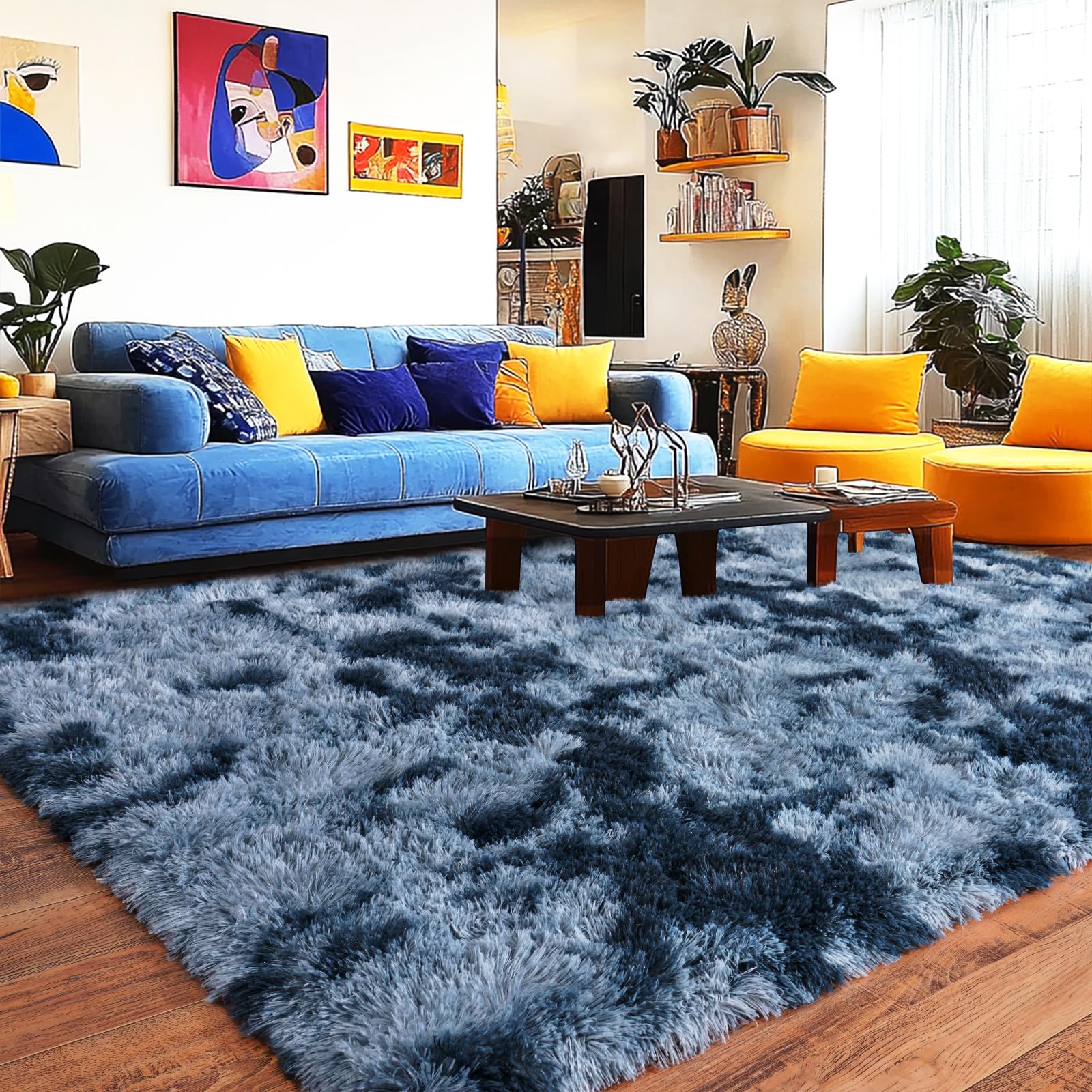 Pionblank Large Area Rug for Living Room 10x14, Fluffy Shag Rug, Blue Grey