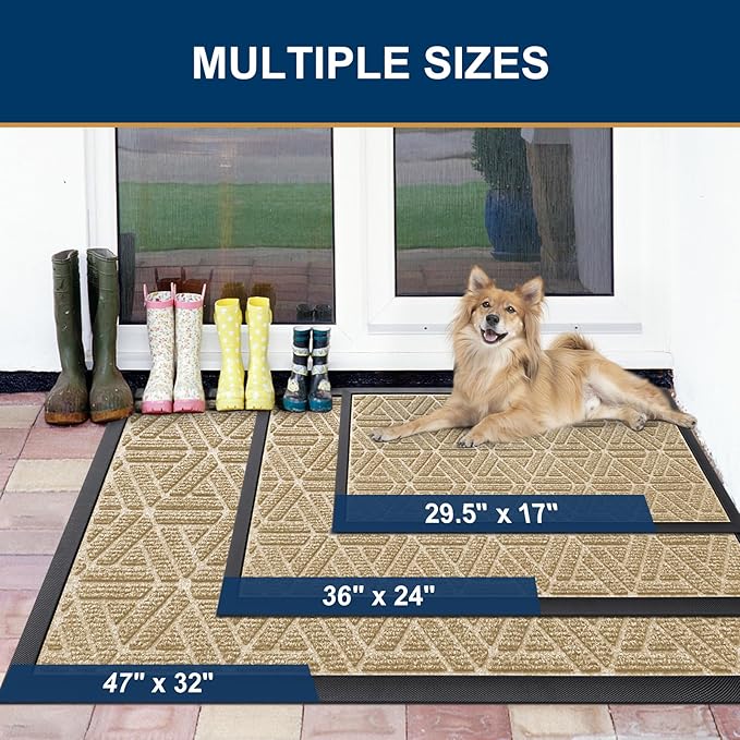 Smiry Front Door Mat Outside Entrance, Heavy Duty Sturdy Natural Rubber Doormat, Trap Dirt and Moisture, Easy Clean Low Profile Mats for Indoor Outdoor Entry, Grid Geometric (59x23, Beige)