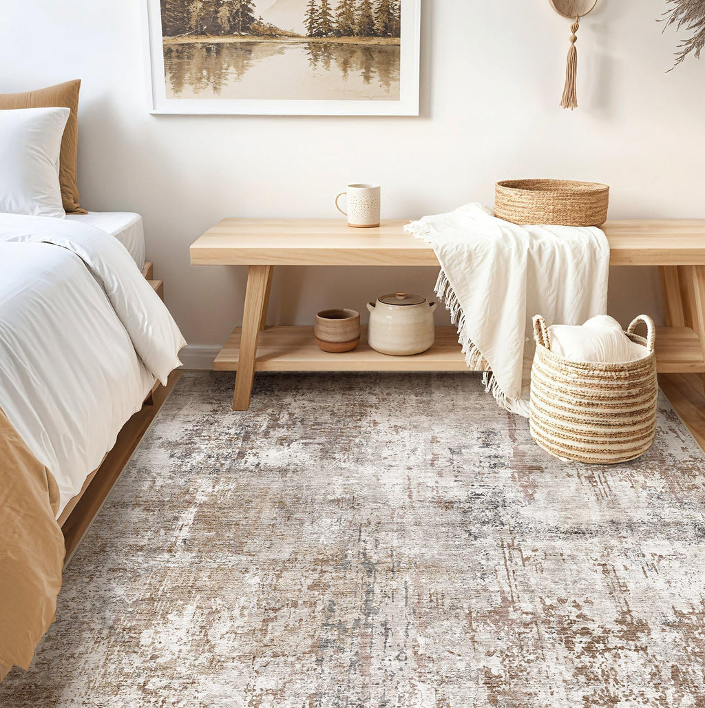 UERMEI Square Area Rugs: Washable 6x6 Neutral Modern Abstract Carpet for Living Room Bedroom - Soft Floor Mat with Non Slip Backing for Kitchen Nursery Dorms Farmhouse Home Decor - Brown/Grey/Red