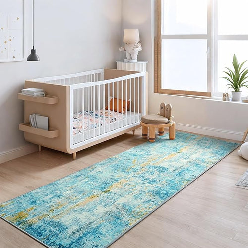 2x6 Teal Blue Rug Runners for Hallways Kitchen Runner Rug Non Slip Washable Long Runner Rugs with Rubber Backing Soft Abstract Carpet Runner for Bedroom, Kitchen, Bathroom, Entryway