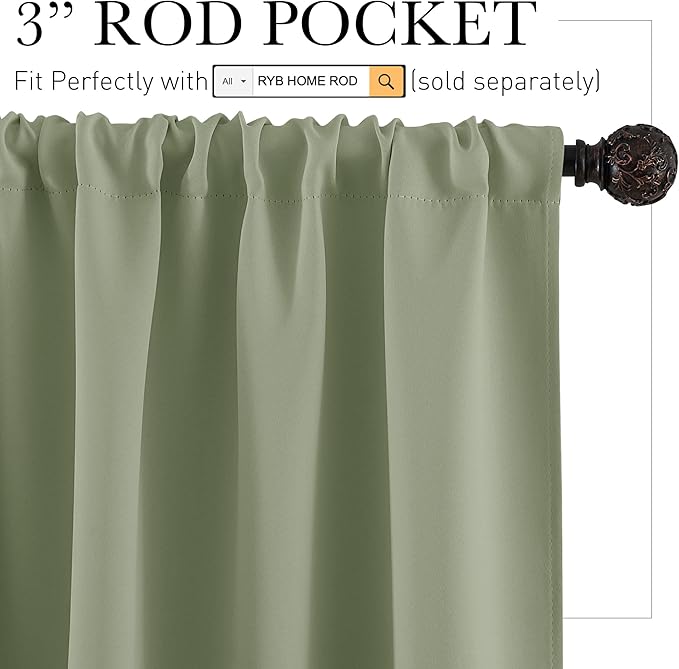 RYB HOME Blackout Curtains for Bedroom Living Room 72 inches Long, Thermal Insulated Privacy Rod Pocket Drapes for Nursery Office Home Theater, Width 42 by Length 72, Sage Green, 2 Panels