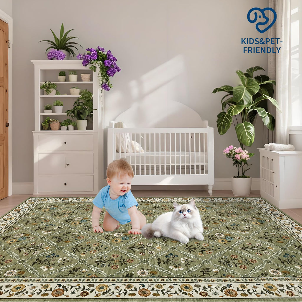 GarveeHome Large Entryway Rug 3x5 Floral Washable Area Rugs Vintage Soft Non-Slip Small Floor Carpet Doormat Stain Resistant Low-Pile Ultra-Thin Entry Mat for Bedside Kitchen Green