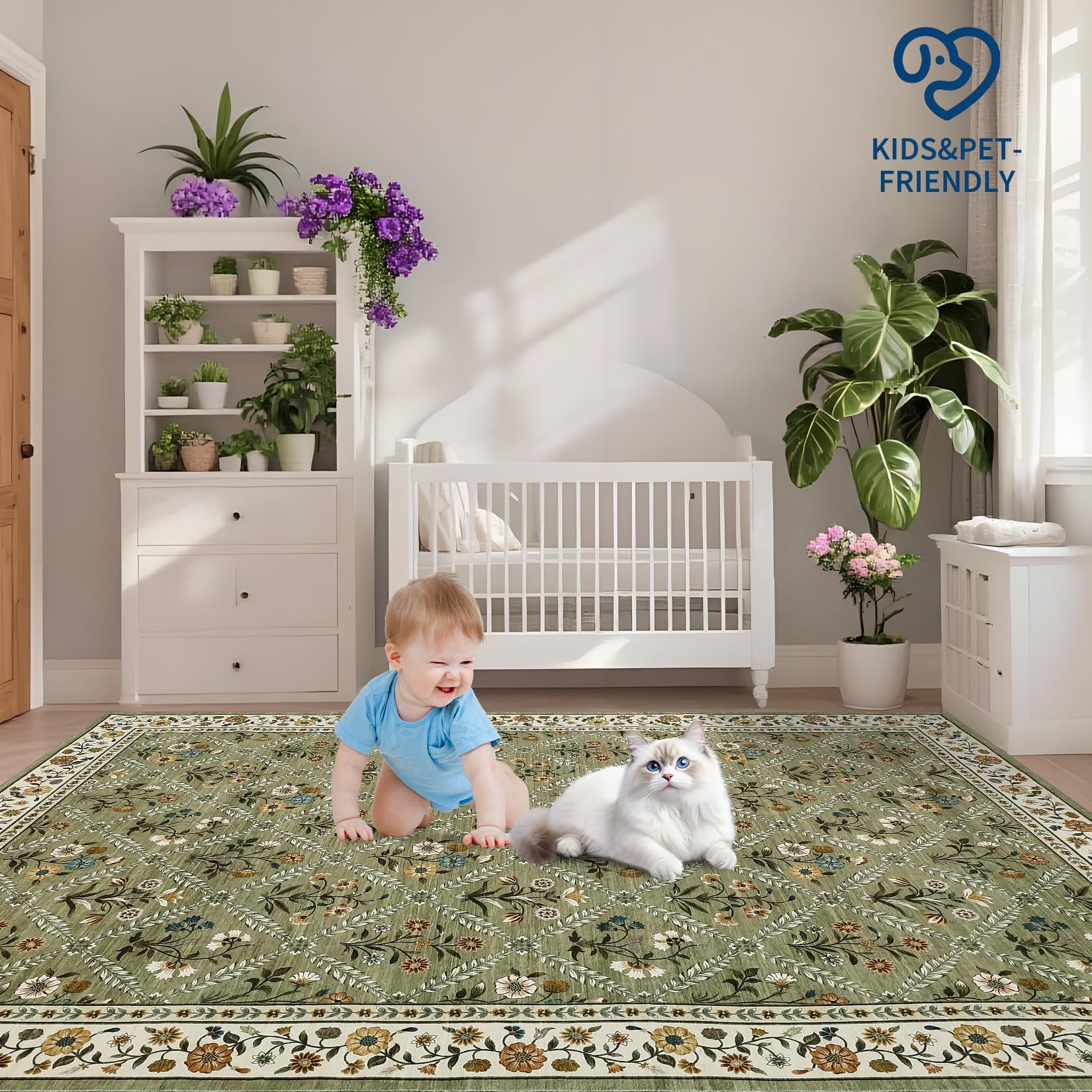 GarveeHome Large Entryway Rug 3x5 Floral Washable Area Rugs Vintage Soft Non-Slip Small Floor Carpet Doormat Stain Resistant Low-Pile Ultra-Thin Entry Mat for Bedside Kitchen Green