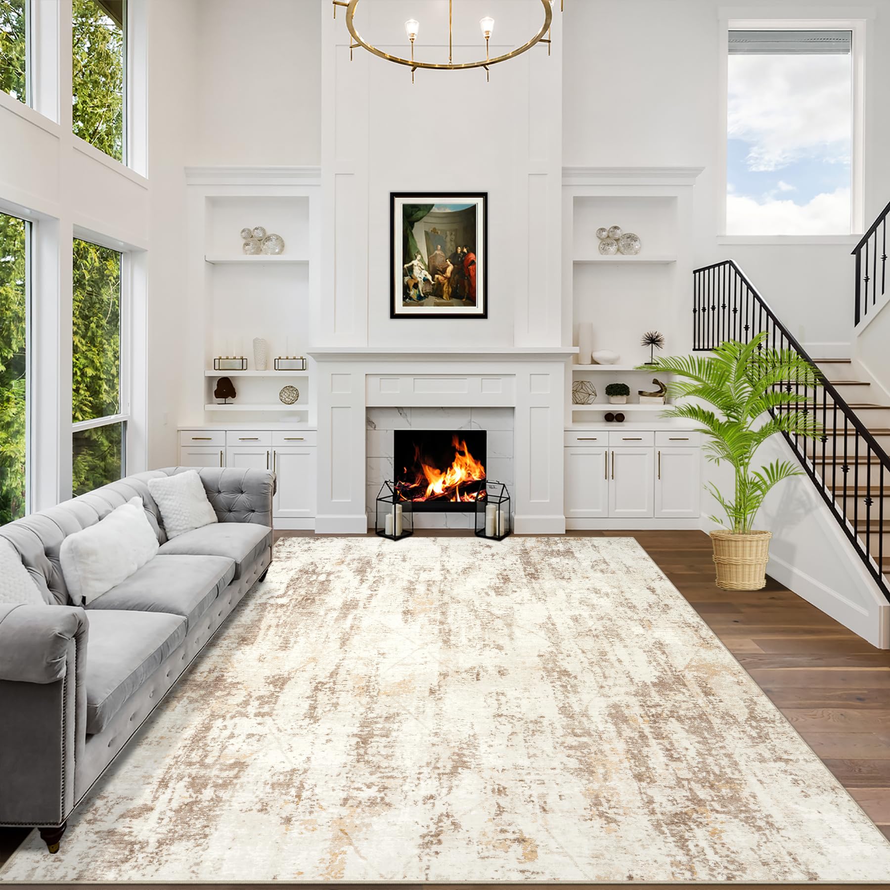 5x7 Area Rugs for Living Room: Washable Abstract Beige Grey Badroom Carpet