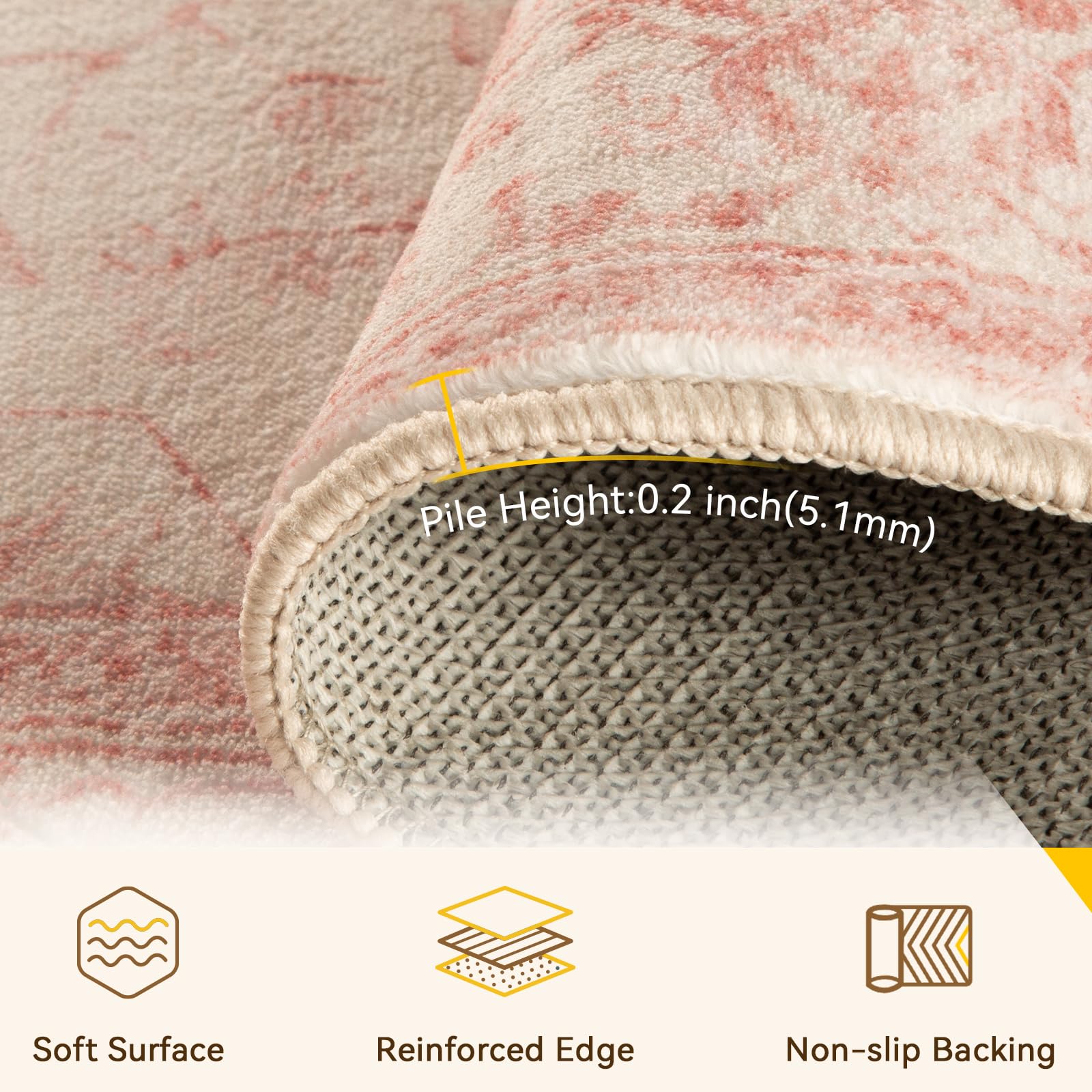 RELEANY Washable Area Rug, Runner 2'x6', Pink/Light Vintage Pink