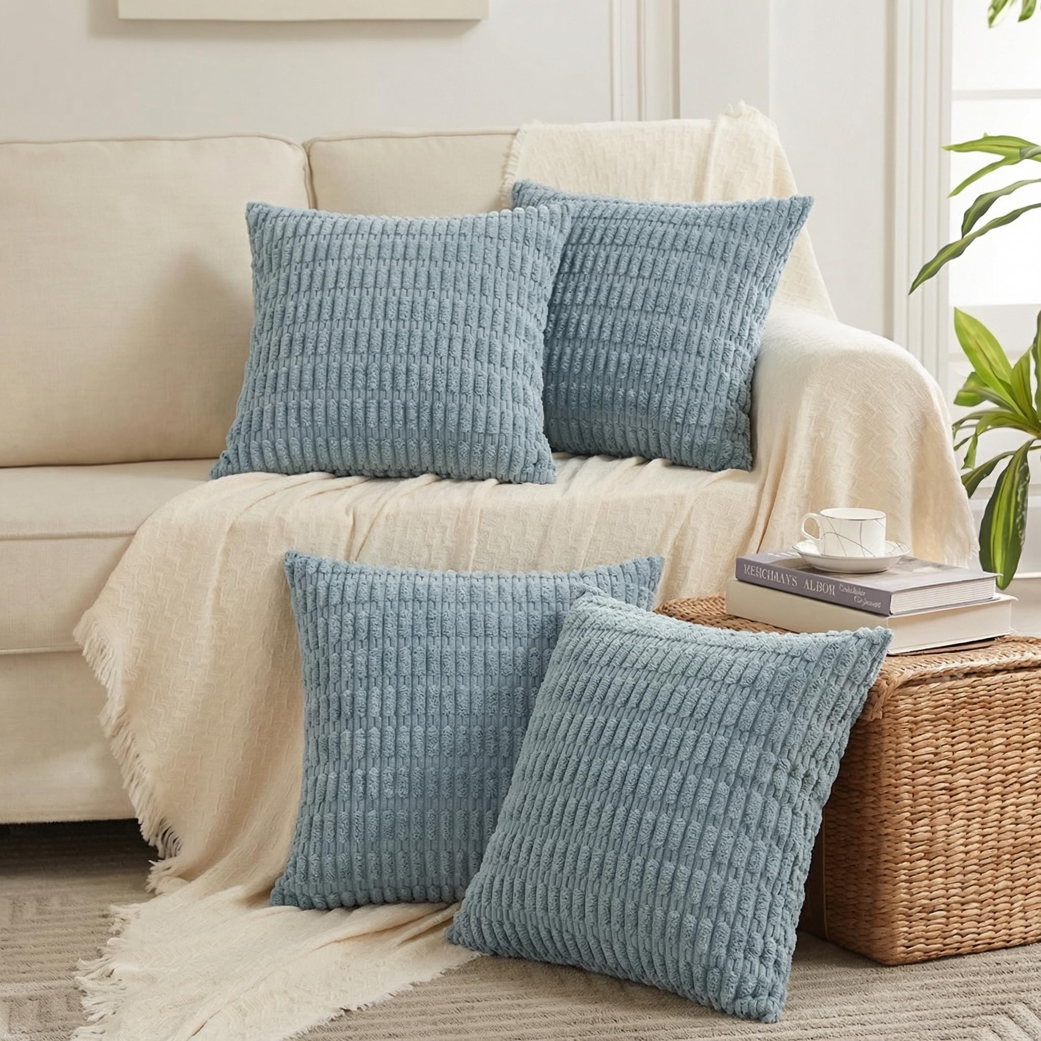 Fancy Homi 4 Packs Decorative Throw Pillow Covers for Living Room Couch Bed, Modern Farmhouse Boho Home Décor Accent Cushion Case, 24" x 24", Light Blue