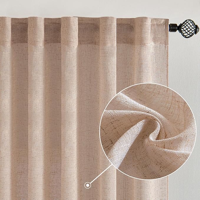 MIULEE Natural Beige Linen Curtains 54 Inch Length 2 Panels for Bedroom Living Room, Soft Linen Textured Window Drapes Semi Sheer Light Filtering Back Tab Rod Pocket Farmhouse Burlap Look Decor