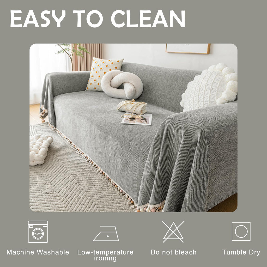 HANDONTIME Couch Slipcovers for Sofas Dark Grey Couch Cover Sofa Cover for Dogs Boho Pet Couch Protector with Tassel Chenille Herringbone Couch Cover for 2 3 Seat Washable Pet Friendly, 71" X134"