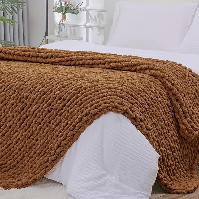 Bigacogo Chunky Knit Throw Blanket for Couch, 51x63 inches, Caramel