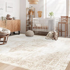 Area Rug 6x9 Washable Rug, Vintage Boho Medallion Rugs Non-Slip Soft Low Pile Large Distressed Rug Indoor Retro Carpet for Living Room Bedroom Dining Room Home Office (Beige, 6'x9')