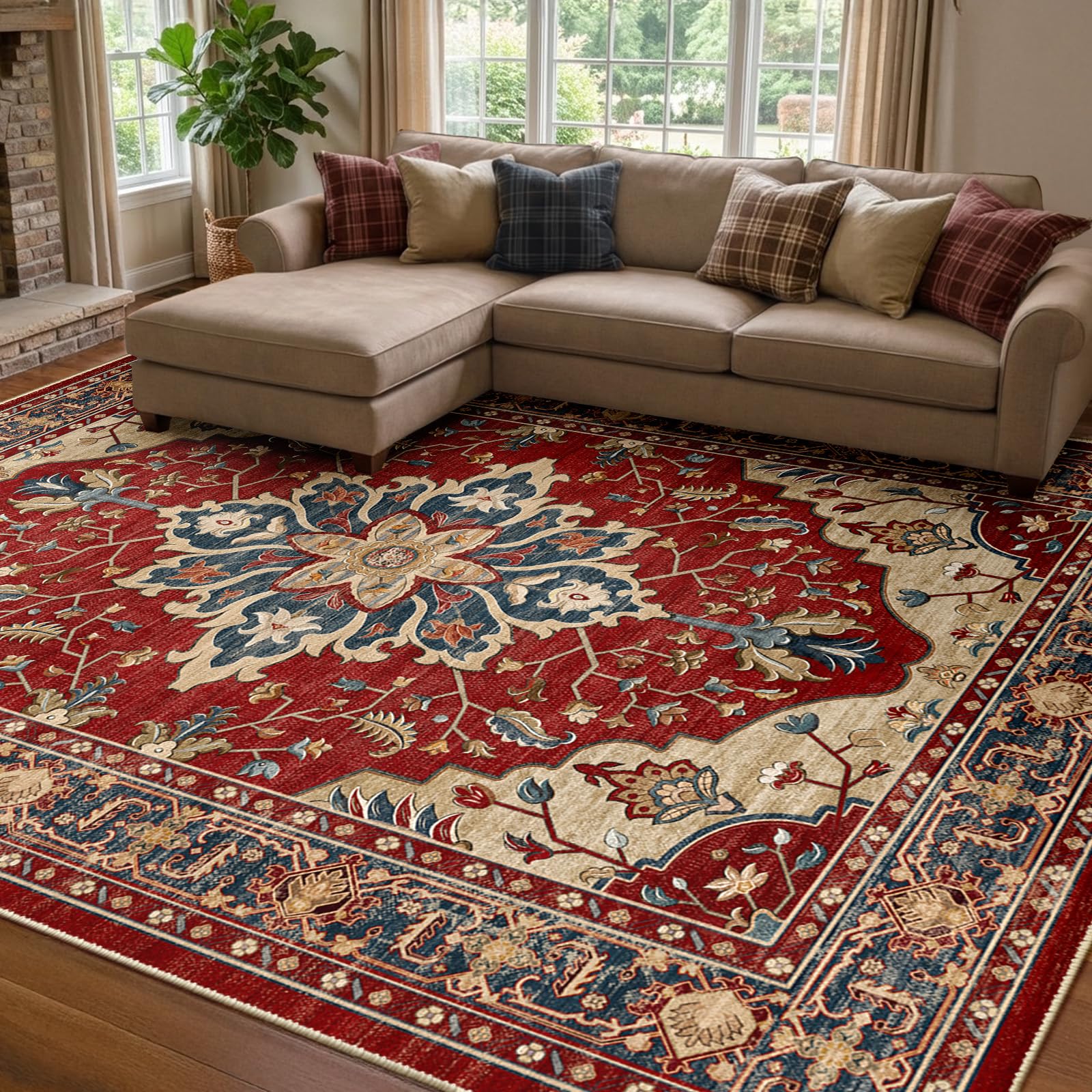 RELEANY Washable Area Rug, 8'x10', Red/Blue