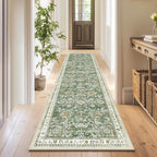 Yamaziot Washable Runner Rug 2x8 – Non Slip Boho Floral Hallway Runner Rug with Rubber Backing, Low Pile Wool Distressed Carpet for Kitchen, Laundry, Bedroom, Entrance, Mottled Green