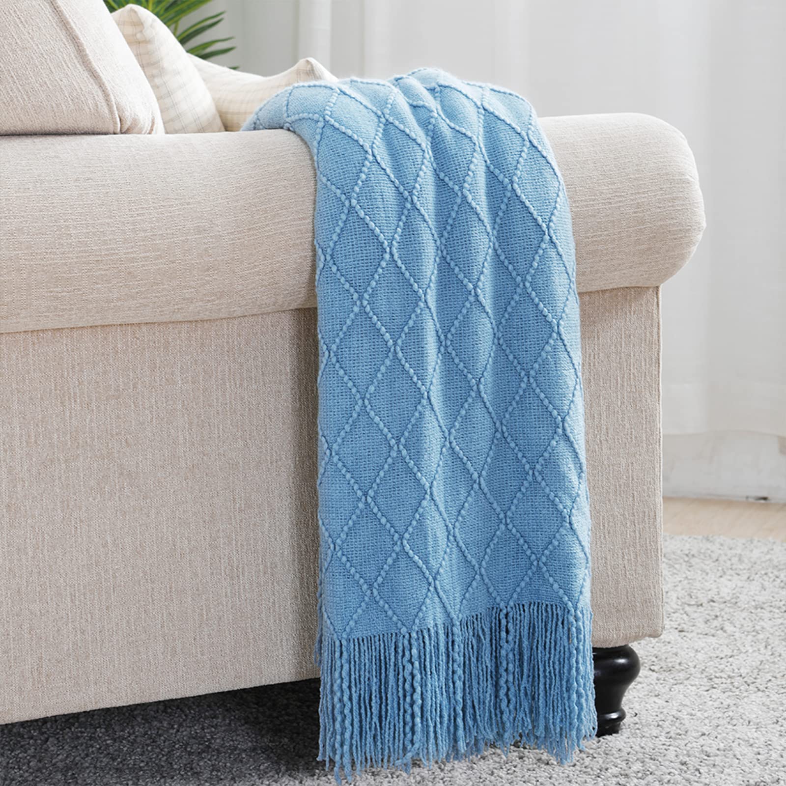 BOURINA Blue Throw Blanket 50x60 Inch Boho Knitted Soft Throw Sofa Blanket