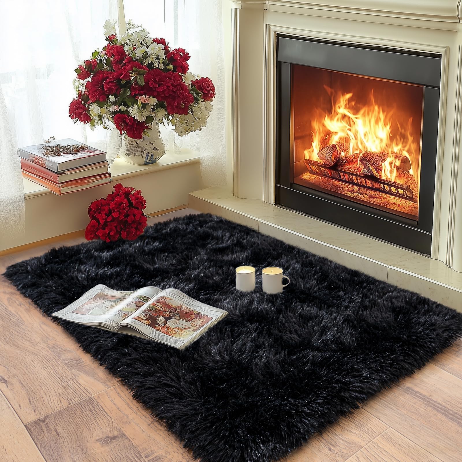 Pionblank Fluffy Small Rug for Bedroom 2x3 Feet, Shag Soft Area Rug, Black