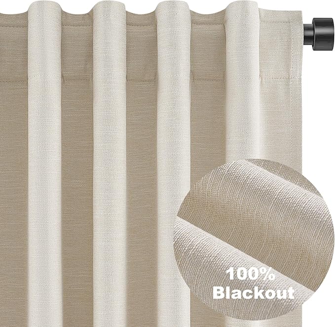 Topfinel Beige White 100% Blackout Curtains 72 Inches Long 2 Panels for Bedroom Natural Linen Heavy Insulated Bay Window Curtains Modern Neutral Drapes for Bedroom/Cabin/Kitchen (W52 x L72)