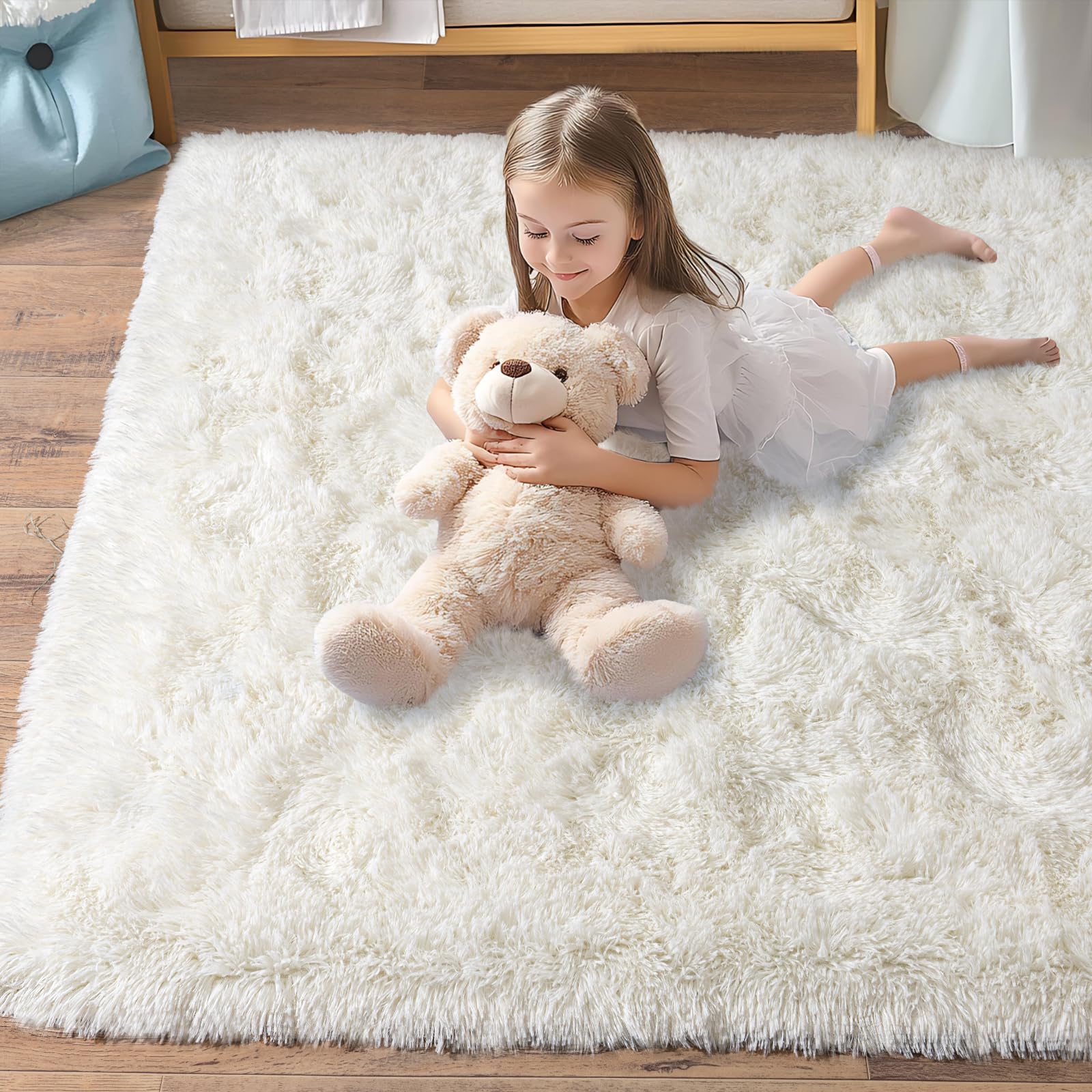 Pionblank Fluffy Area Rug for Bedroom 4x6, Indoor Plush Carpet, Cream White