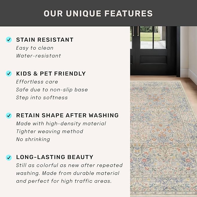 Hazo Haus Washable Bathroom Runner Rug 2x6 - Long Runner Rugs for Laundry Room, Bedroom, 24 x 72 Kitchen Floor Mat - Non Slip Vintage Design Décor, Beige Blue