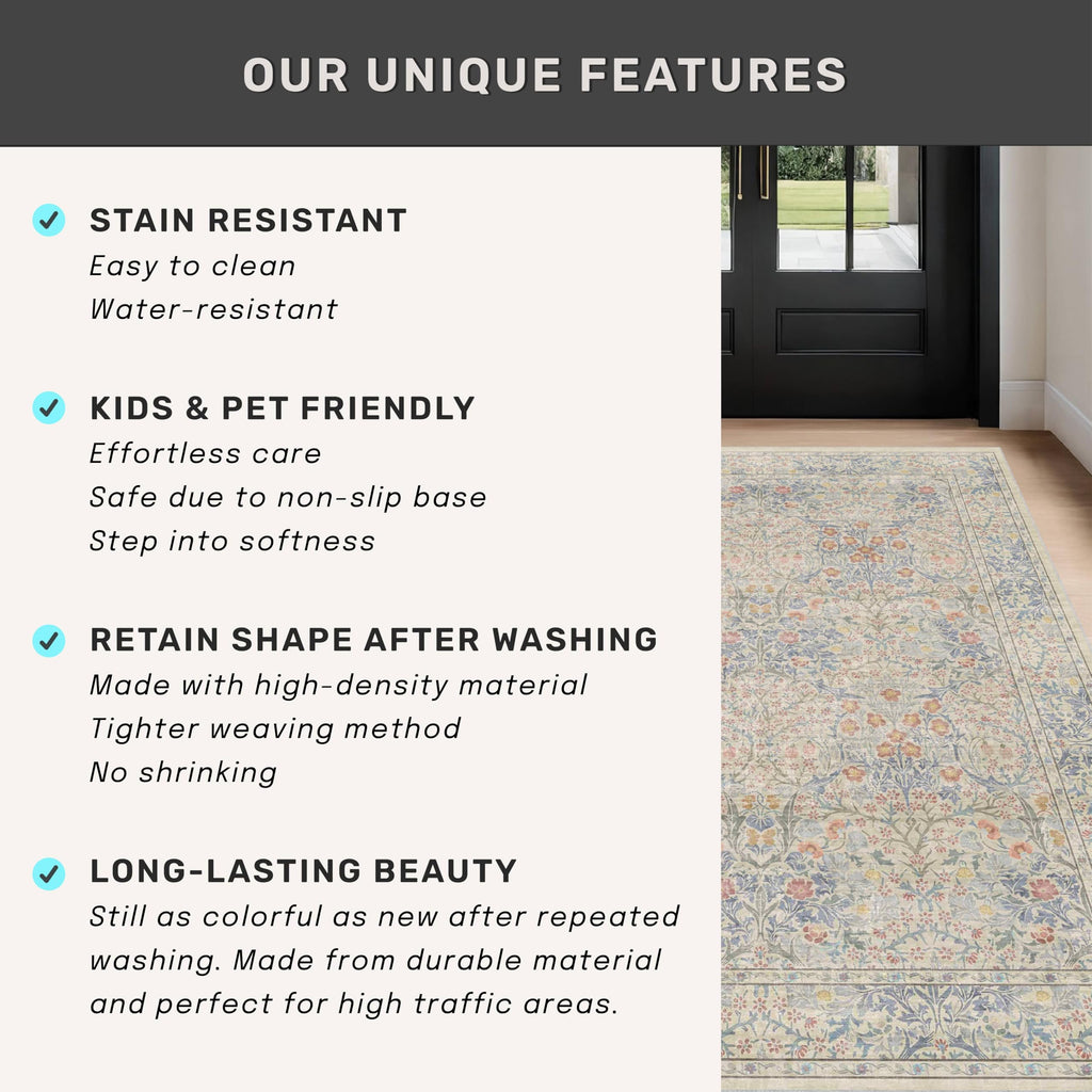 Vintage Beige Blue 3x12 Runner Rug for Hallway, Kitchen, Bathroom, Entryway Indoor, Washable Non Slip Rubber Backing Stain Resistant - Botanical Home Decor