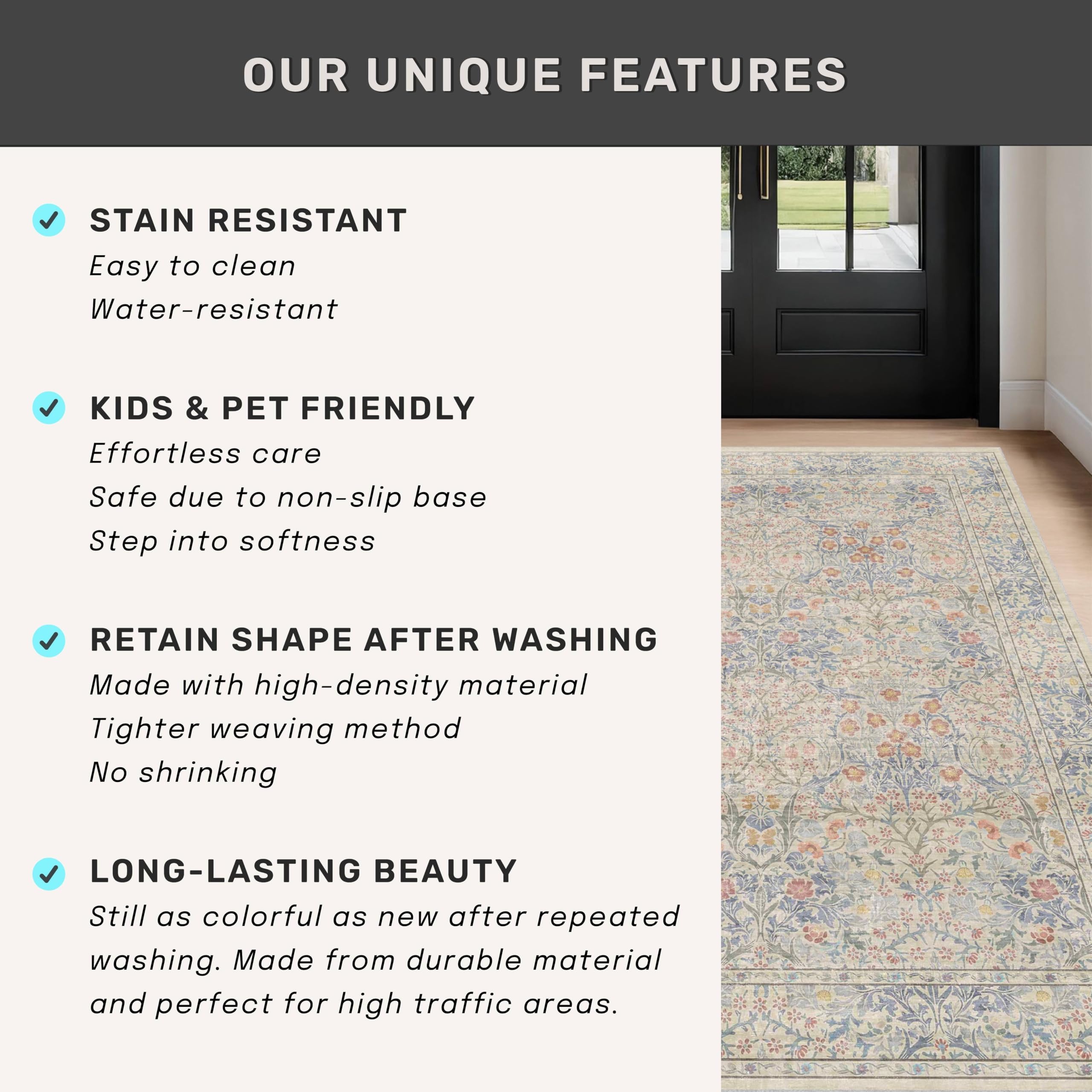 Vintage Beige Blue 3x12 Runner Rug for Hallway, Kitchen, Bathroom, Entryway Indoor, Washable Non Slip Rubber Backing Stain Resistant - Botanical Home Decor