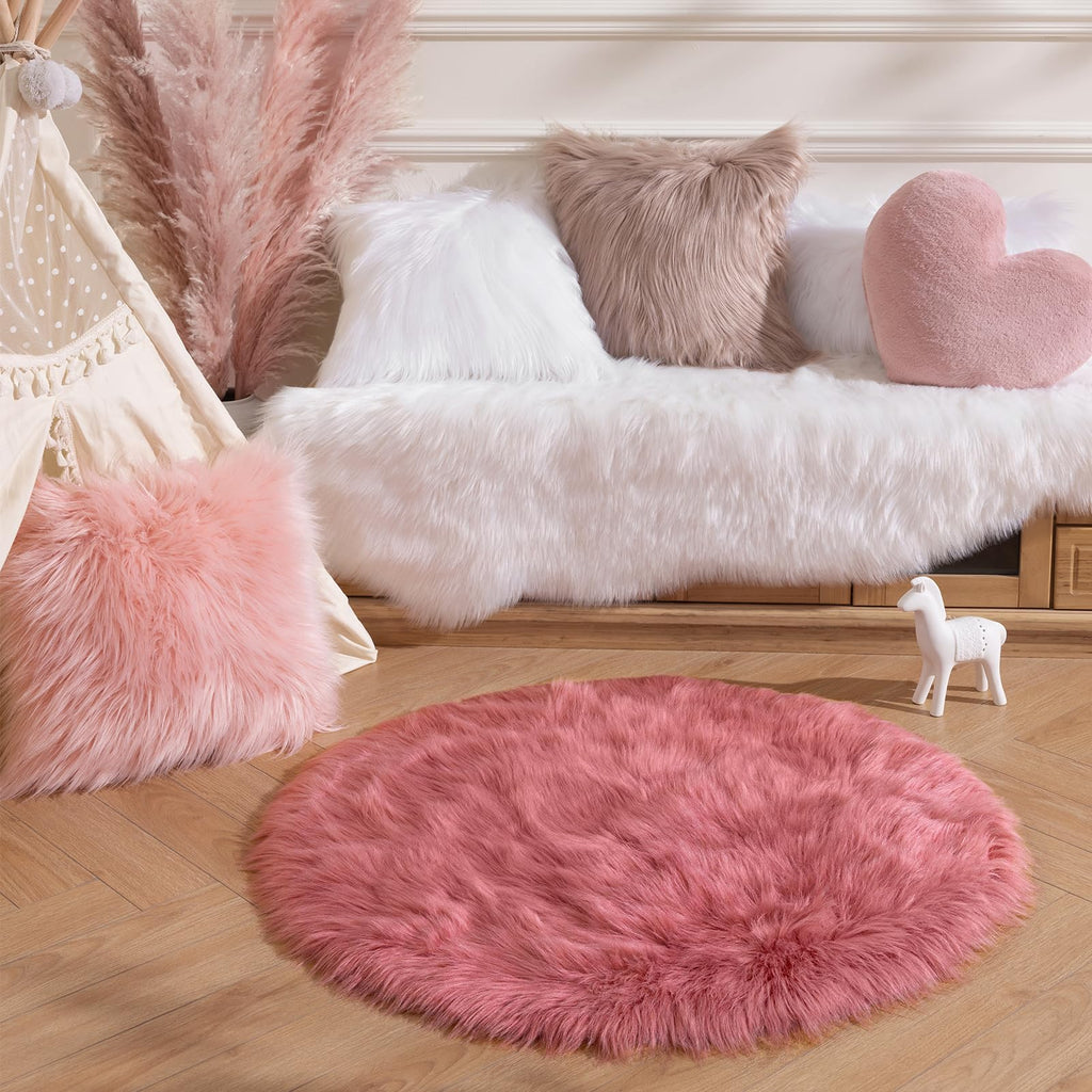 Ashler Faux Fur Rug, Fluffy Shaggy Area Rug Ultra Soft 3 x 3 Feet Sheepskin Fur, Blush Pink Fuzzy Rug Machine Washable Shag Rug, Nursery Decor Throw Rugs for Bedroom, Living Room, Kids Room