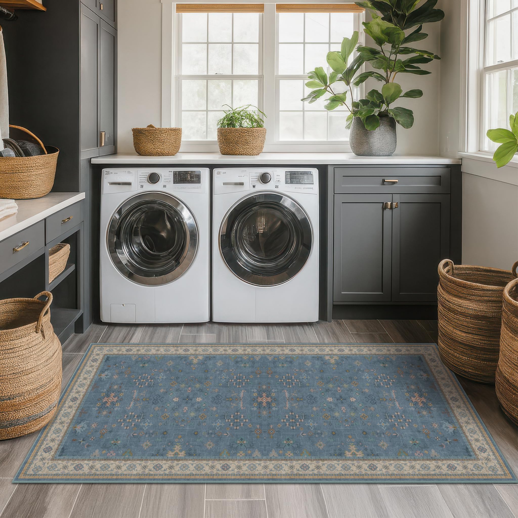 Hazo Haus Boho 2x5 Kitchen Rugs Non Slip - Washable Blue Runner Rug for Bedroom Beside Bed, Laundry Room, Hallway, Non Slip with Rubber Backing, Floral Eclectic Unique Runner Décor