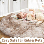 Amdrebio Tie-Dyed Beige Tan Round Circle Area Rug 5Ft for Bedroom, Fluffy Plush Shag Furry Rugs for Kids Room, Living Room Decor Aesthetic, Cute Fuzzy Neutral Carpet for Baby Nursery Playroom Dorm