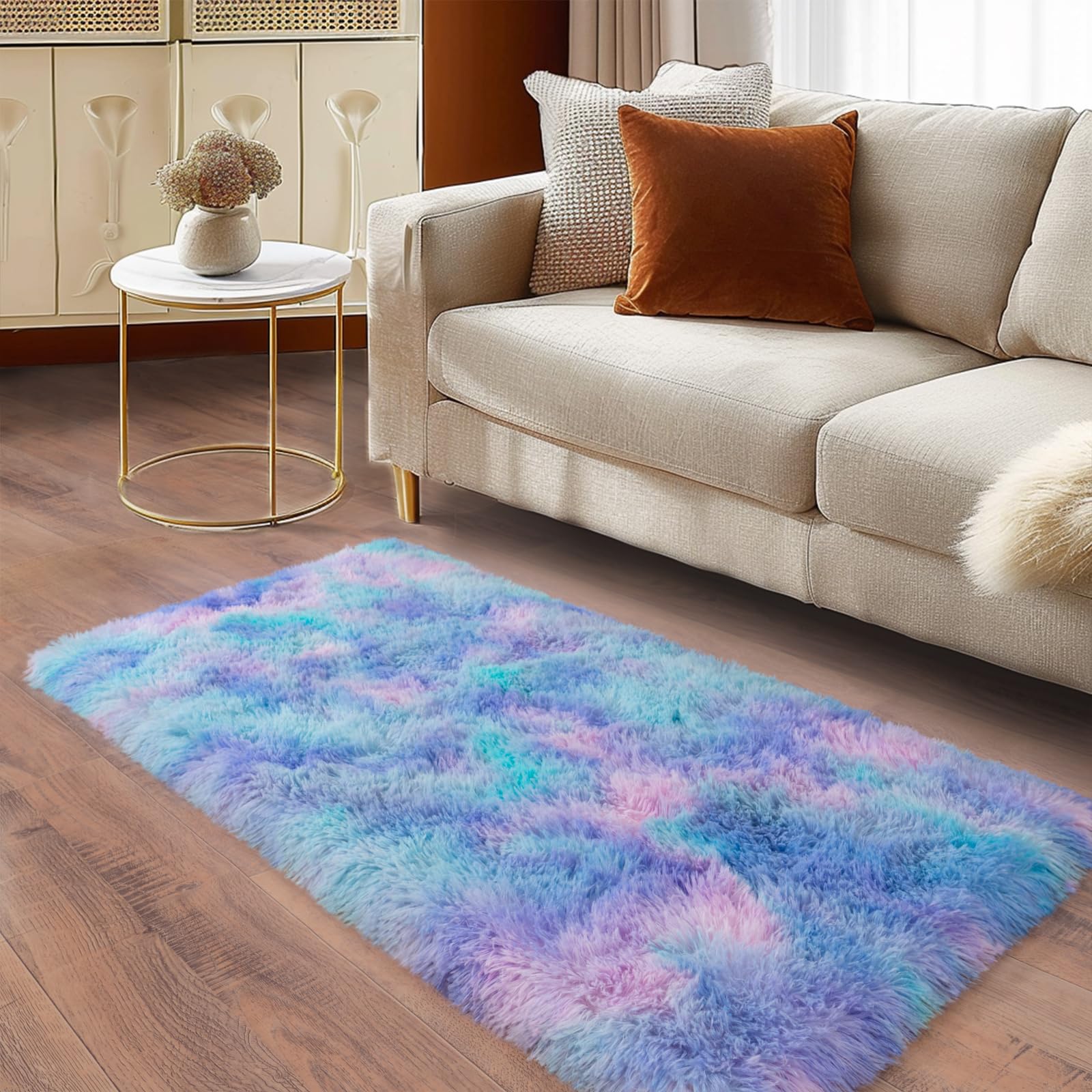Ailyei Soft Runner Rugs for Bedroom Hallways, 2x4 Purple Rainbow Fluffy Shag Throw Area Rug Non Slip for Bedside Dorm, Long Shaggy Furry Carpet for Nursery Living Room
