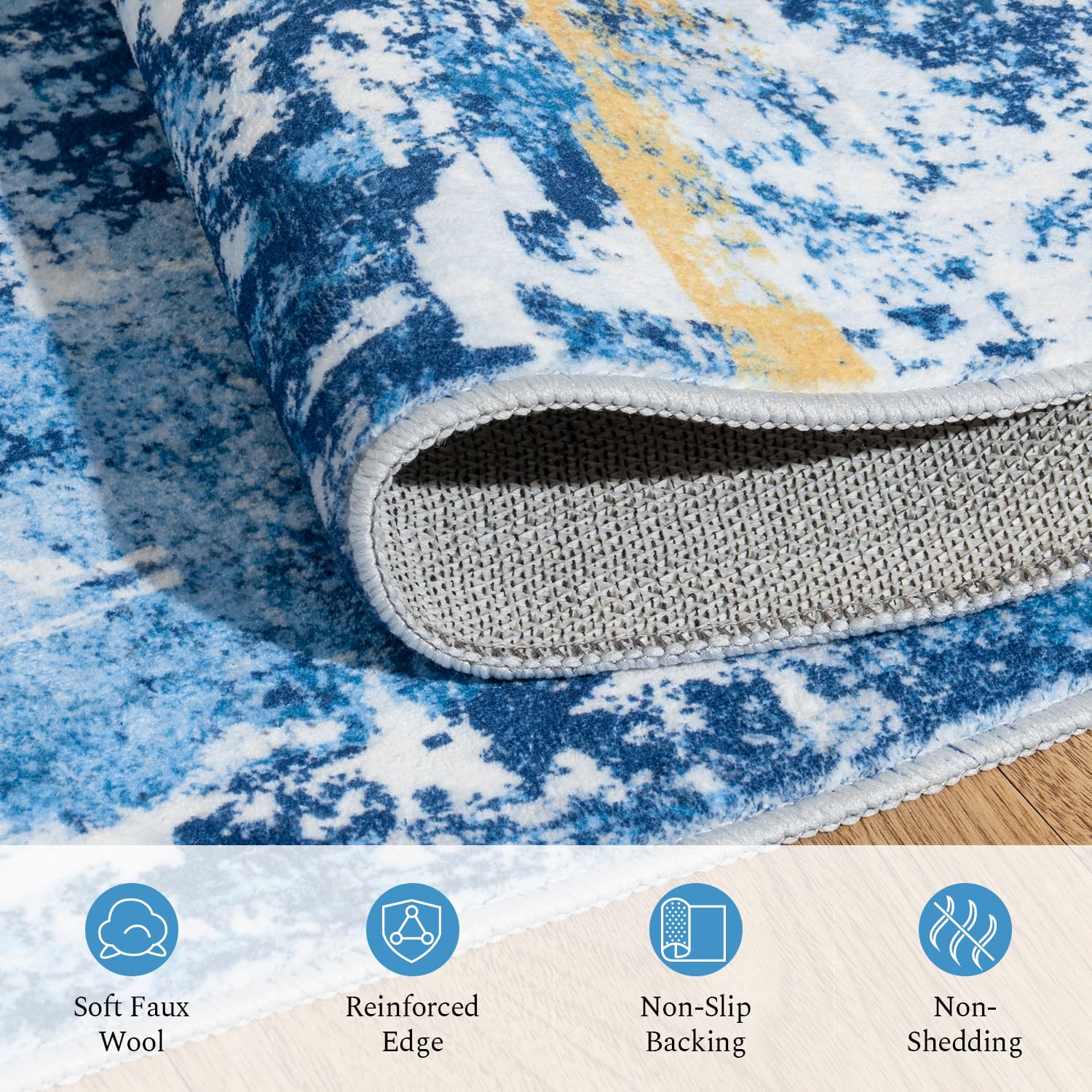 Rugflix 8x10 Area Rugs for Living Room, Washable Sky Blue Gold Large Rug