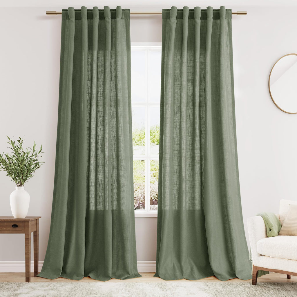 Nanspring Olive Green Boho Curtains for Bedroom Back Tab Rod Pocket Semi Sheer Linen Curtains 90 Inches Long 2 Panel Set Light Filtering Neutral Farmhouse Lightweight Drapes for Living Room 40x90