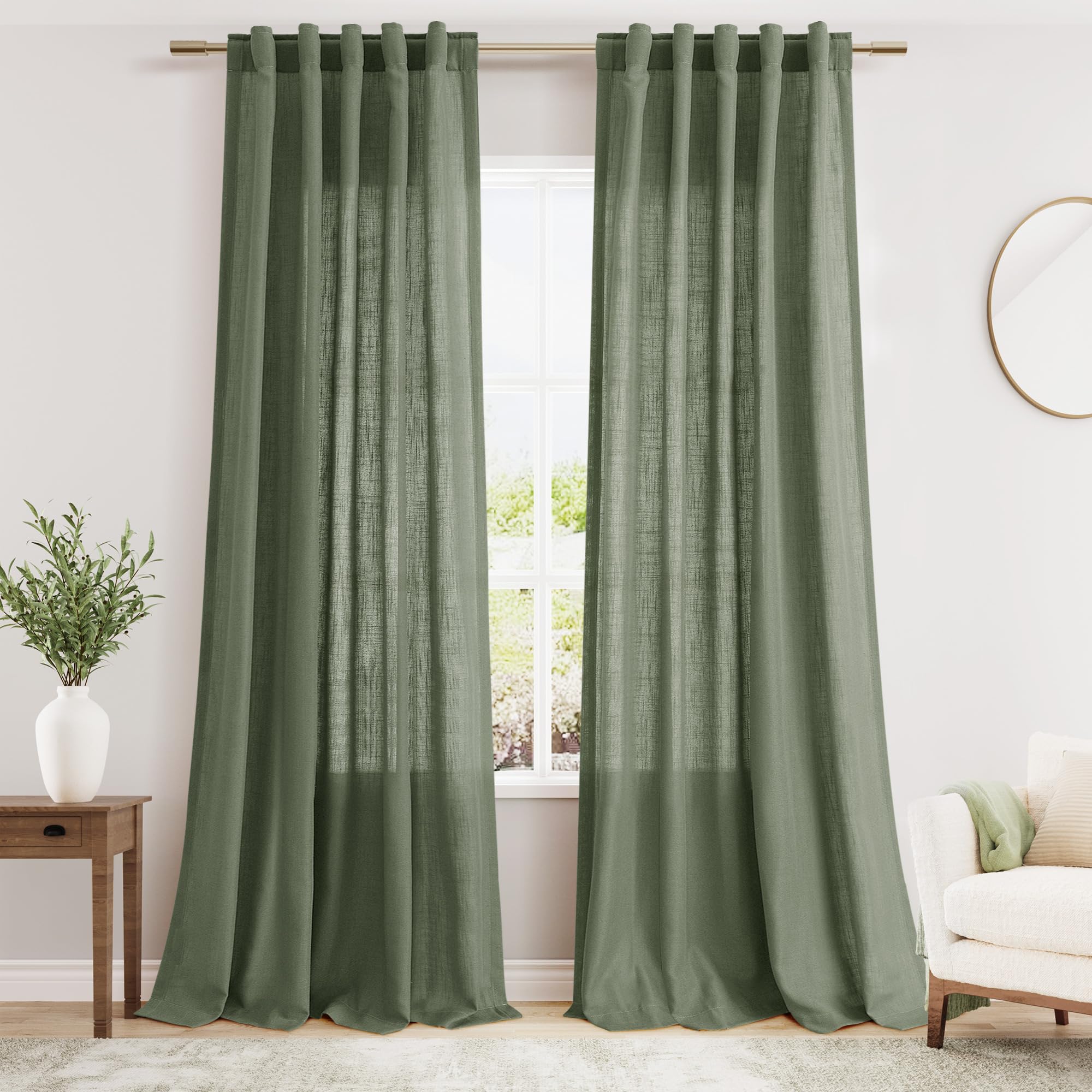 Nanspring Olive Green Boho Curtains for Bedroom Back Tab Rod Pocket Semi Sheer Linen Curtains 90 Inches Long 2 Panel Set Light Filtering Neutral Farmhouse Lightweight Drapes for Living Room 40x90
