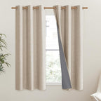 NICETOWN Cream Thick Linen Blend 100% Blackout Curtains 63" Long 2 Panels Set for Bedroom, 42" Wide, Rustic Grommet Thermal Insulated Flax Textured Full Blackout Window Draperies with Grey Liners