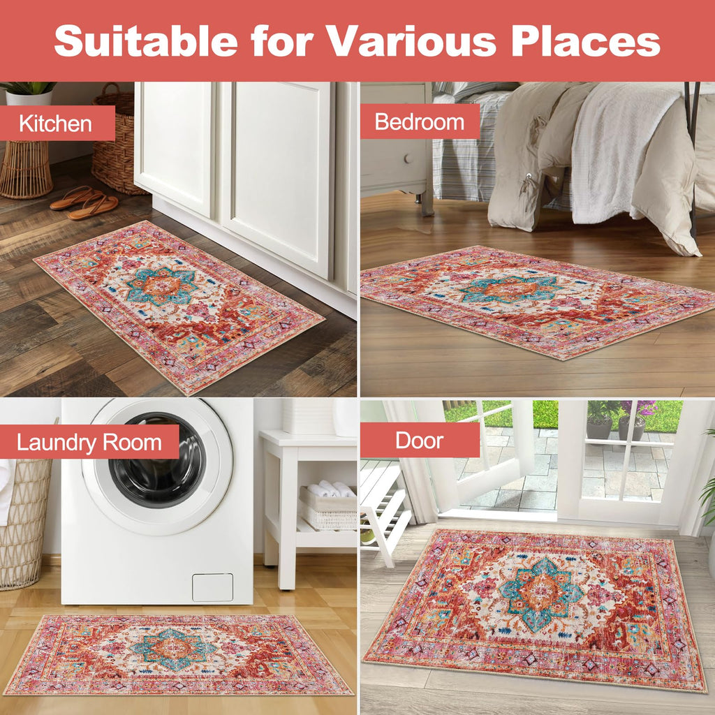 Yamaziot Washable Area Rug, 2x3 Small Boho Vintage Entryway Non-Slip Rug