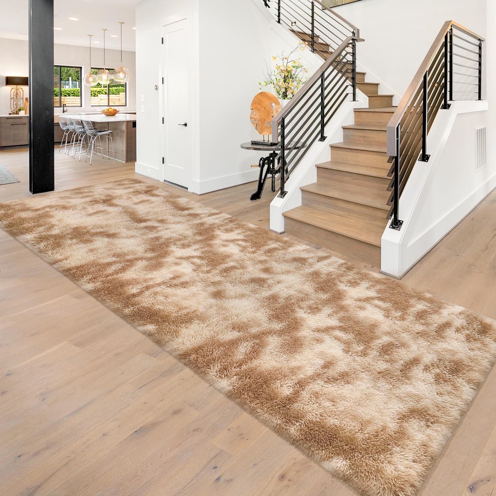 JiaoBaba Super Soft Fluffy Living Room Area Rugs 3x10 ft Tie-Dyed Beige Shaggy Furry Carpet Washable Non-Slip Floor Rug Bedroom Bedside Nursery Rug Fuzzy Girls Boy Reduce Noise Dorm Home Decor