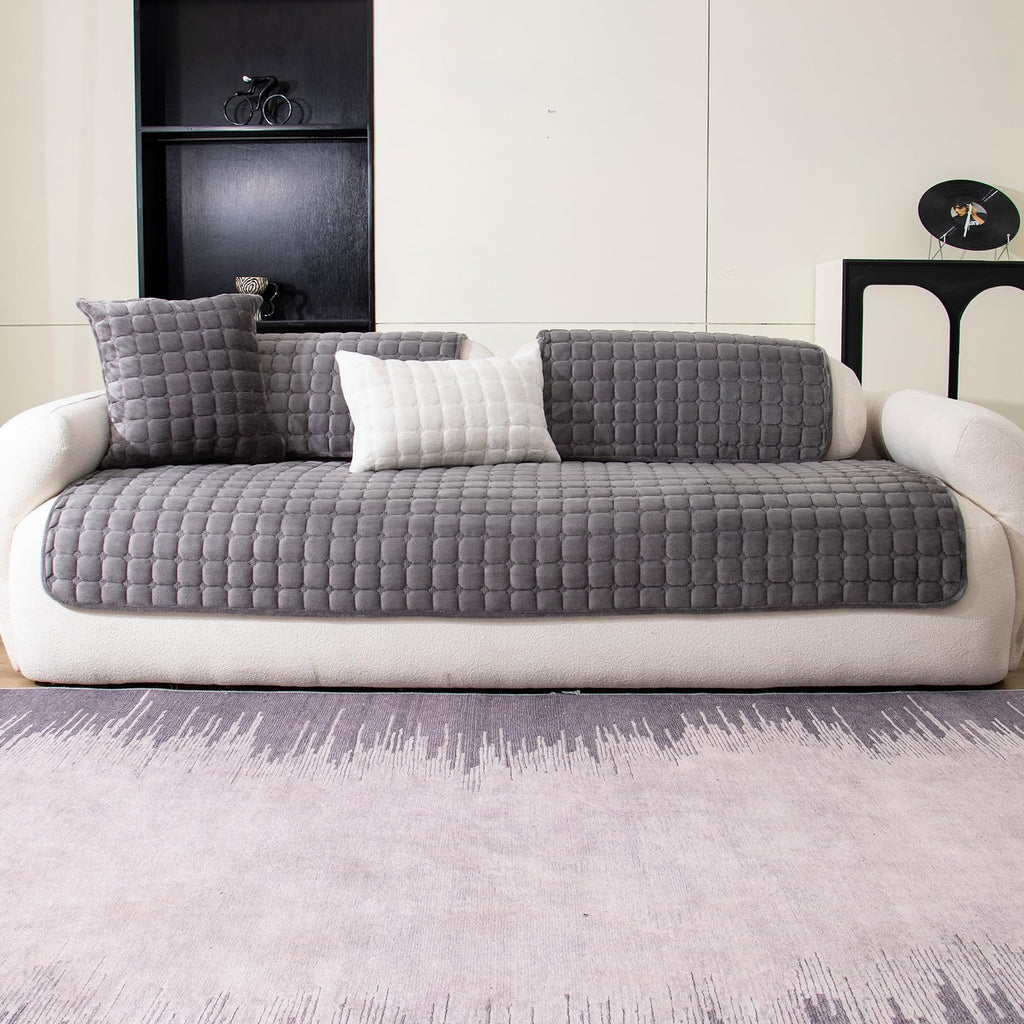 MDSASFD Velvet Couch Cover, Washable Sectional Sofa Cover, Anti Slip Sofa Slipcovers for 3 Cushion Couch Sofa L Shaped Recliner, Furniture Protector Covers for Pets Kids(Dark Grey, Only 1 PCS)