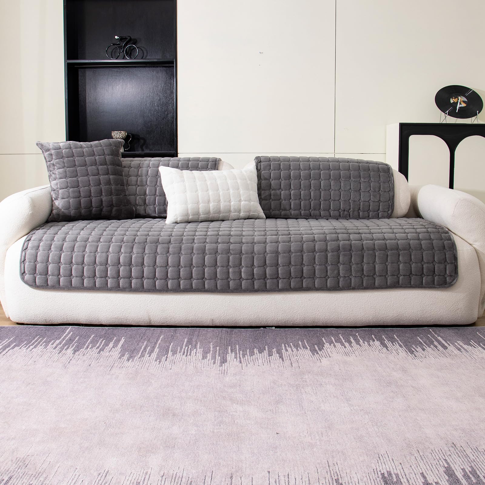 MDSASFD Velvet Couch Cover, Washable Sectional Sofa Cover, Anti Slip Sofa Slipcovers for 3 Cushion Couch Sofa L Shaped Recliner, Furniture Protector Covers for Pets Kids(Dark Grey, Only 1 PCS)