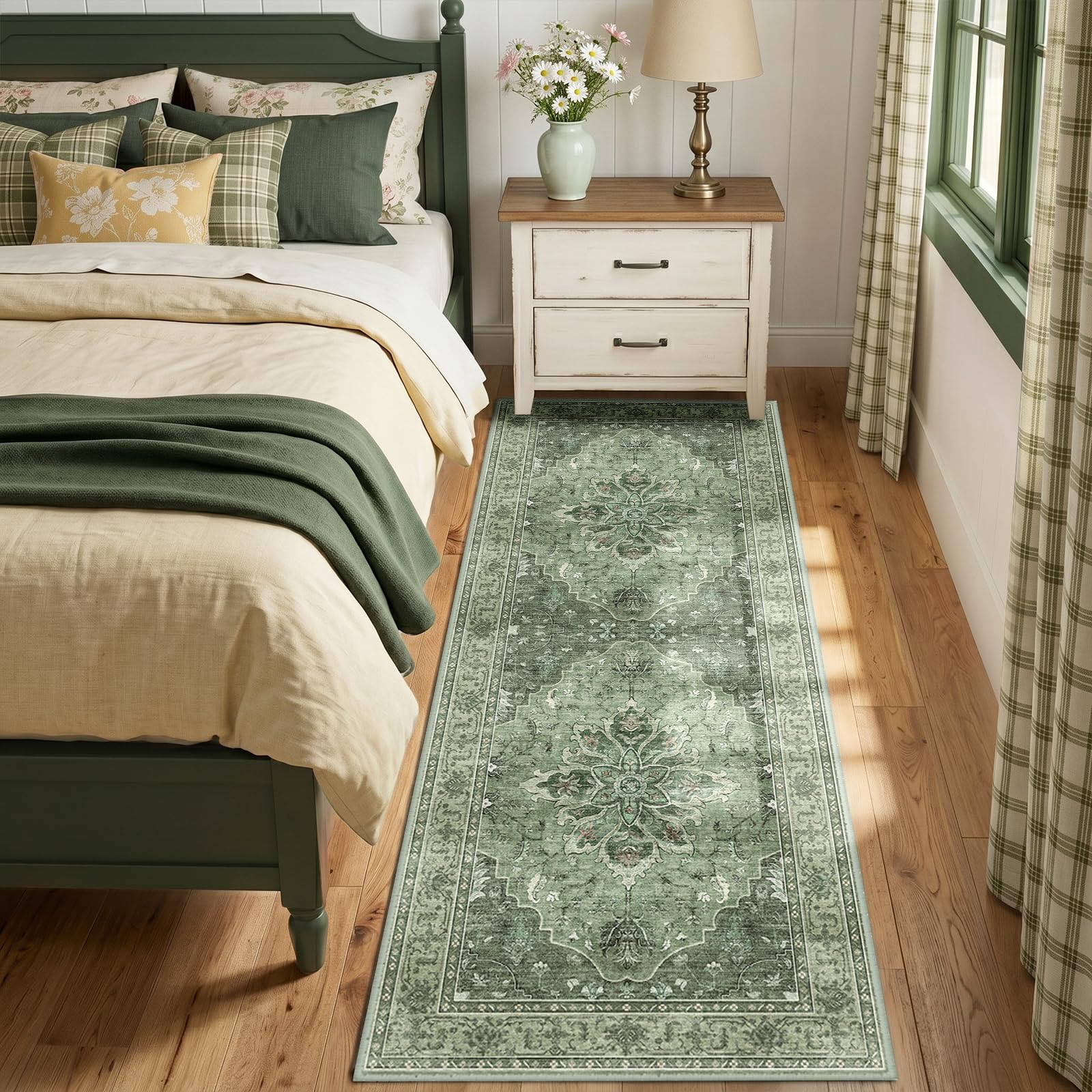 RELEANY Washable Area Rug, Runner 3'x8', Green/Dark Green/Gray