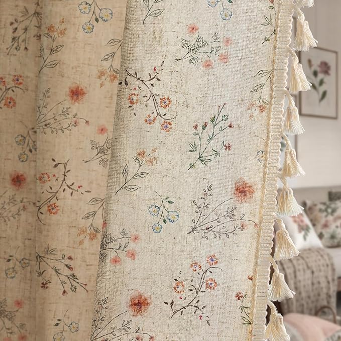 XOGUIBO Boho Floral Light Filtering Curtains 84 Inch 2 Panels Linen Texture