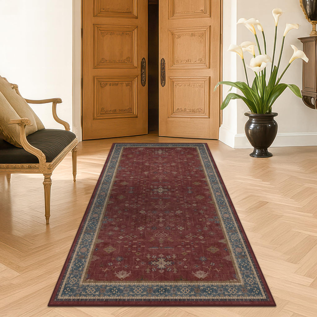 Washable 3x6 Entry Way Rugs Indoor - Burgundy Large Kitchen Rug, Non Slip Unique Bohemian Red Low Pile Thin Carpet for Bedroom Bedside, Foyer