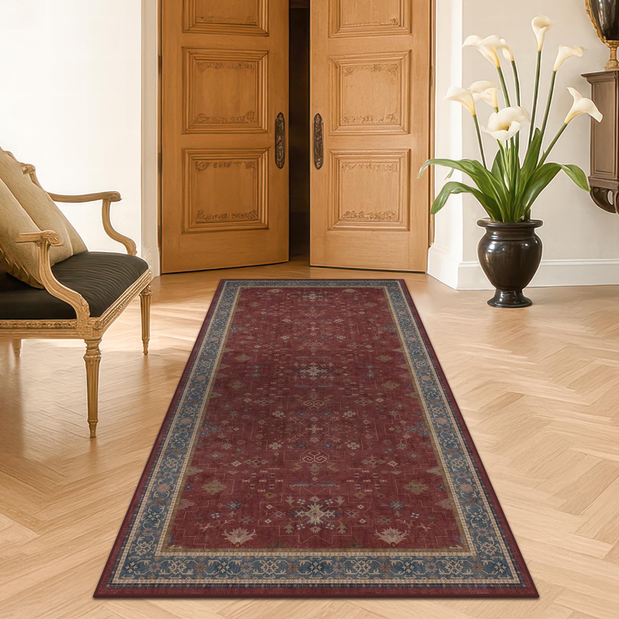Washable 3x6 Entry Way Rugs Indoor - Burgundy Large Kitchen Rug, Non Slip Unique Bohemian Red Low Pile Thin Carpet for Bedroom Bedside, Foyer